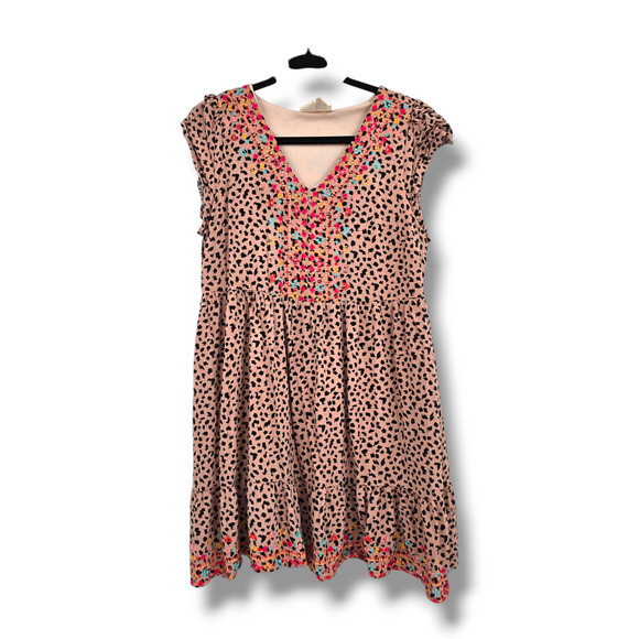 Savanna Jane Women's Boho Peasant Embroidered Detail‎ Spotted Dress Size Large - Picture 1 of 12